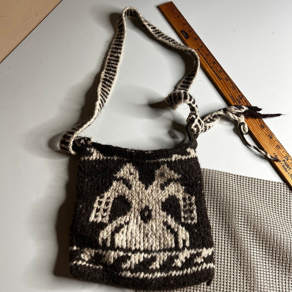 Handmade Wool Knit Crossbody Bag Double Headed Eagle Folk Art Pouch Brown Cream